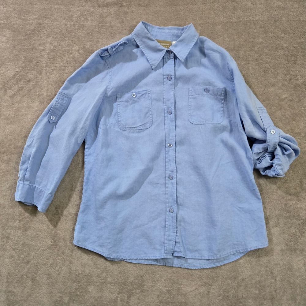 Linen Button Down Shirt Coastal Quiet Luxury Capsule Nautical Womens Large Blue
